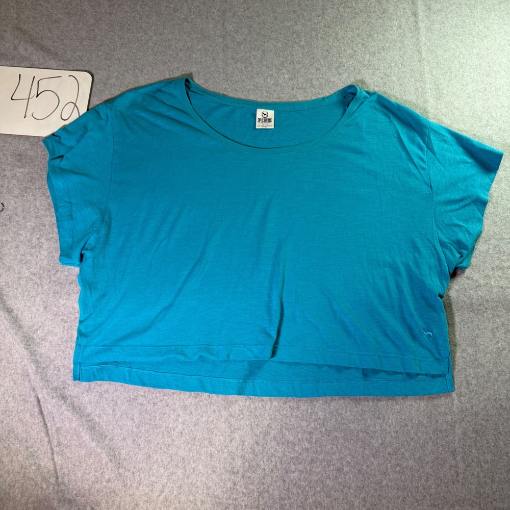 Victoria's Secret PINK Cropped T-Shirt Teal Blue Slub Knit Dog Logo Medium